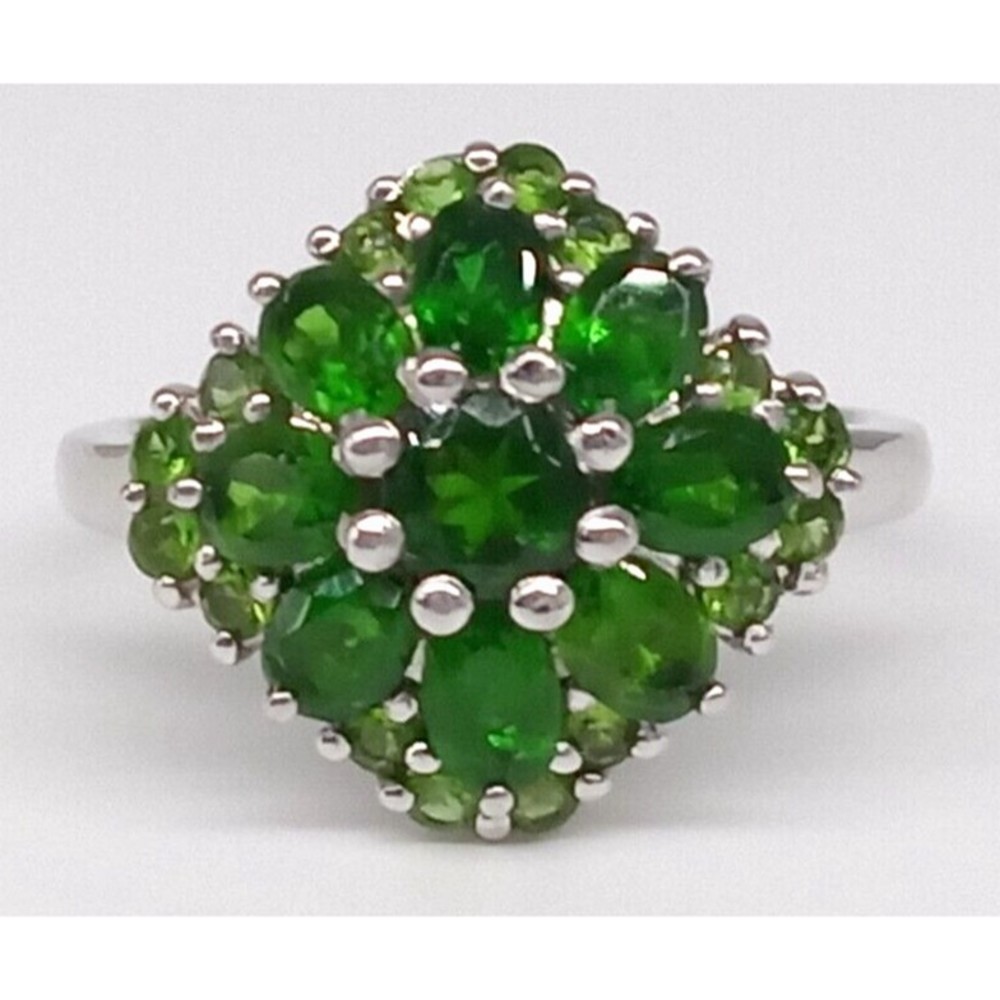 Emerald Green Gemstone Ring Cluster 925 Sterling Silver Size 7 Designer Sparkly!